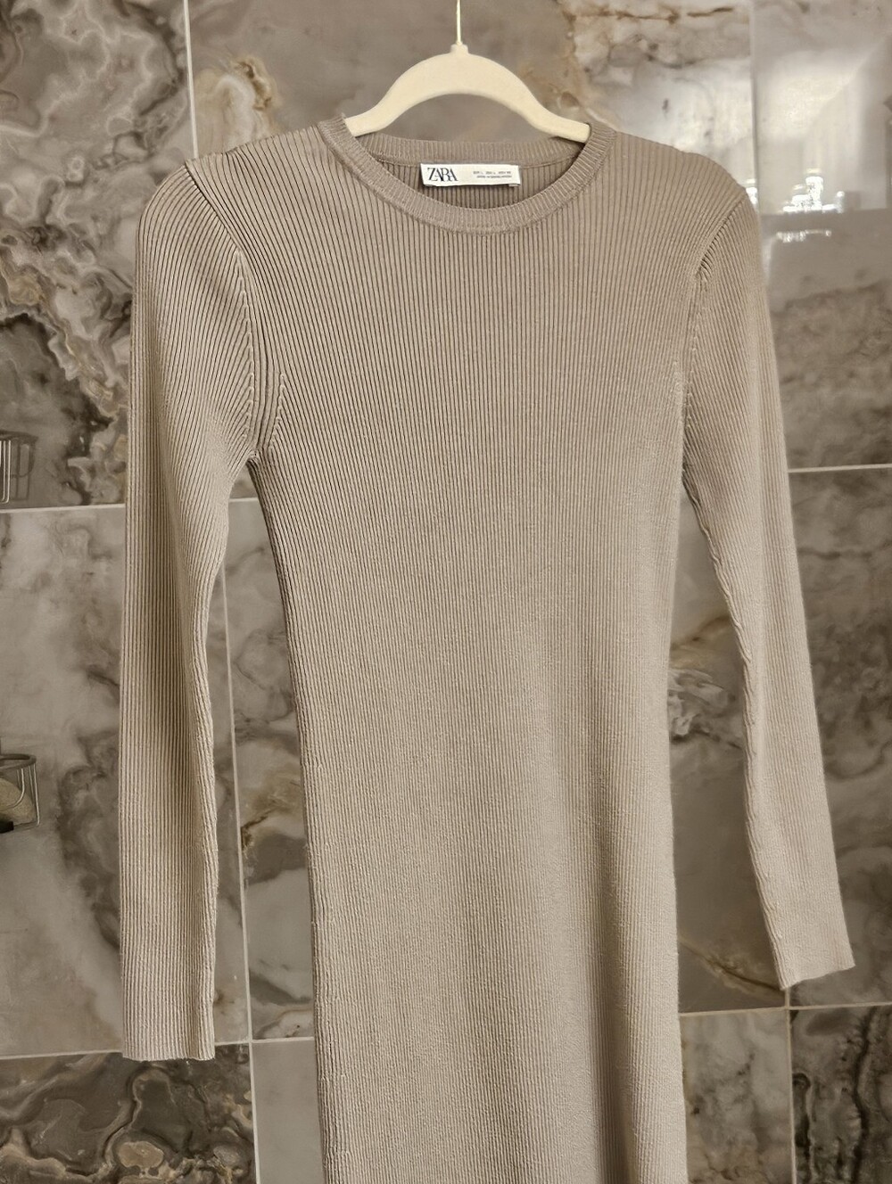 Zara Ribbed Long Sleeve Taupe Knit Dress